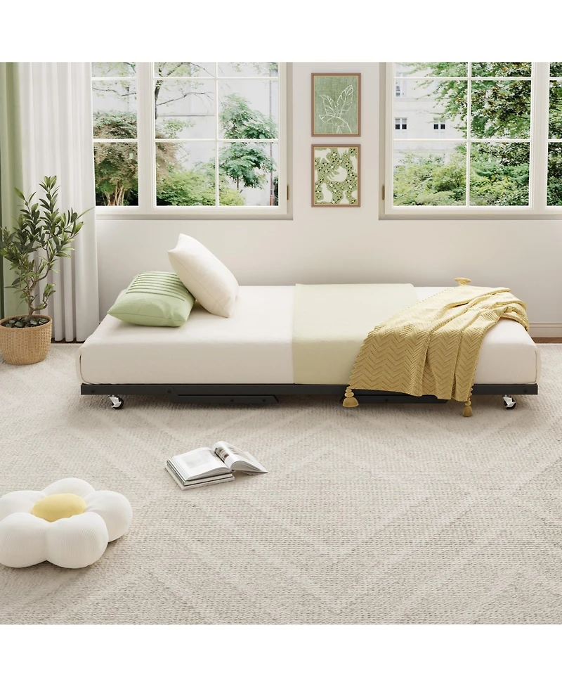 homfan Twin Size Pop Up Trundle Bed Frame with Lockable Casters, Foldable Metal Platform Bed for Guest Room