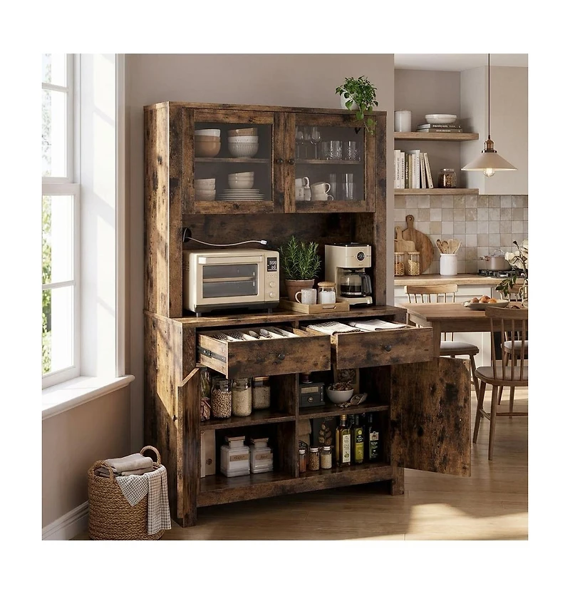 homfan Kitchen Pantry Cabinet with Microwave Stand Freestanding Storage Hutch Adjustable Shelves for Dining Room