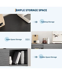 homfan Fluted Storage Cabinet with Sliding Doors, Tall Floor Adjustable Shelves for Living Room, Kitchen, Entryway