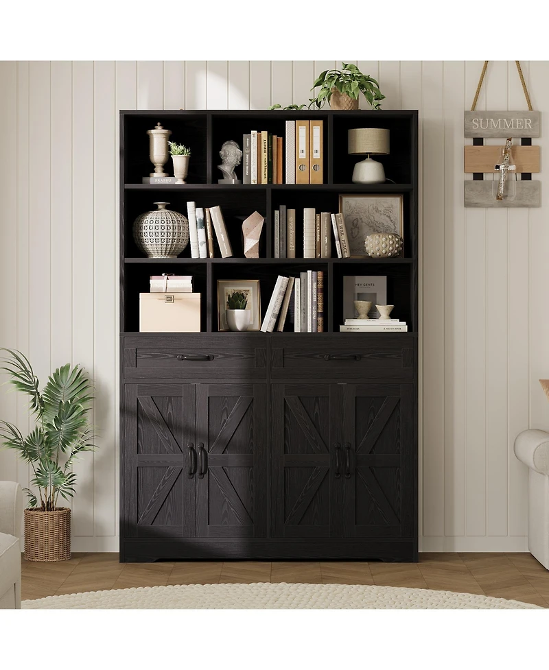 homfan 71 Inch Tall Bookcase with 8 Open Cubbies, 2 Drawers and 4 Doors, 6-Tier Wood Display Cabinet for Living Room Office