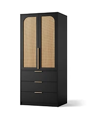 homfan Wooden Wardrobe Armoire, 69 Inch Wood Closet with Rattan Doors and Hanging Rod for Bedroom