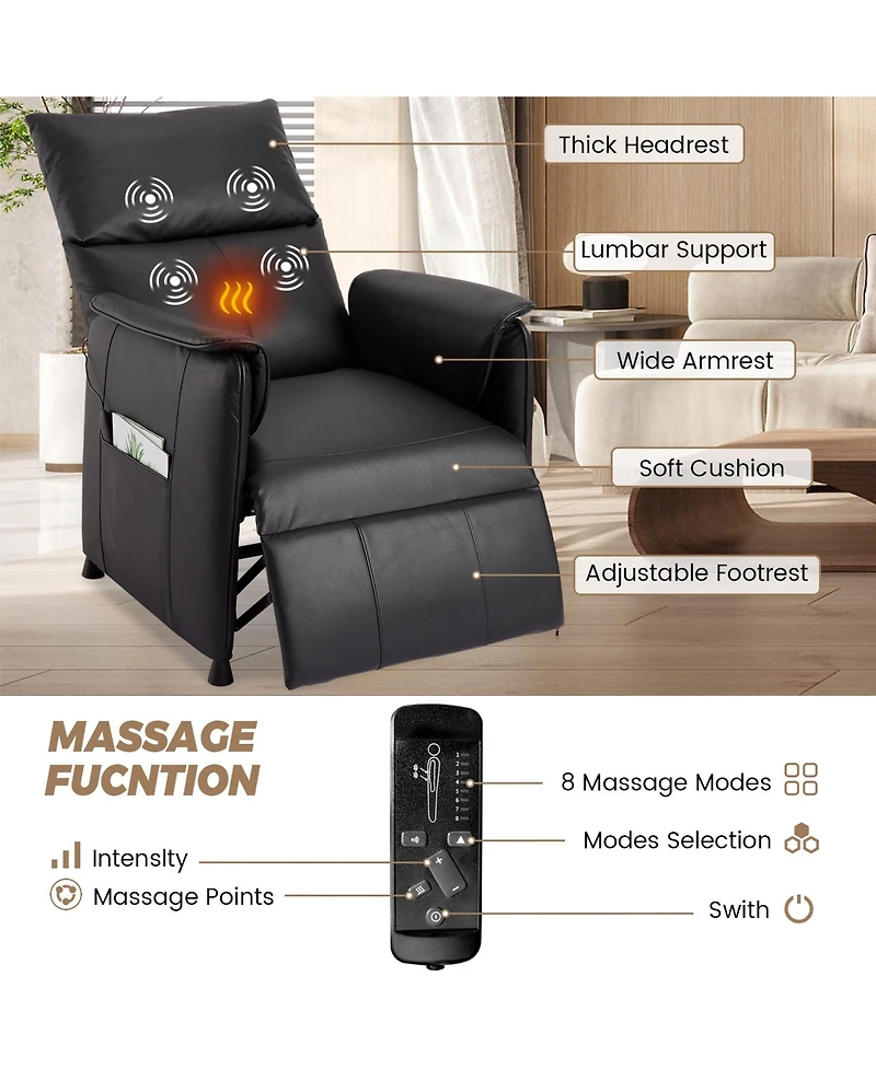 homfan Pu Leather Electric Recliner Sleeper Chair with Massage & Heat, Adjustable Sofa Bed with Remote for Living Room, Office & Home Theater