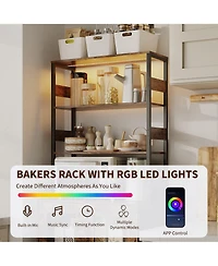 homfan 67-Inch Farmhouse Bakers Rack with Power Outlet and Led Lights, Coffee Bar Cabinet Storage