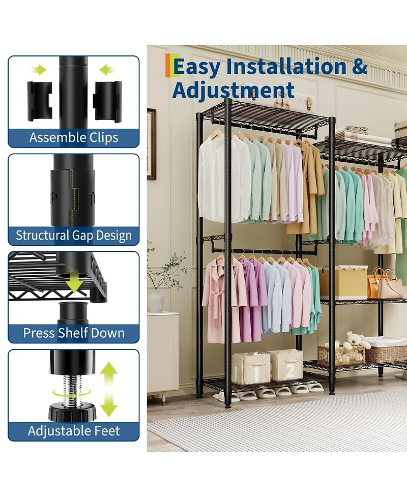 homfan Heavy Duty Armorie, 76 Inch Metal Storage Wardrobe with Adjustable Shelves and 4 Hanging Rods for Bedroom or Closet