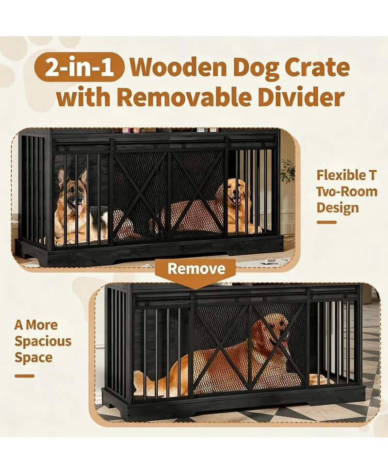 homfan Large Dog Crate – Furniture-Style Indoor Kennel with Sliding Doors, Removable Divider, 2 Drawers and Shelves, Tv Stand