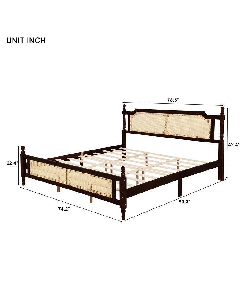 Sailvan Pine wooden Bed with Rattan Headboard and Footboard, Central Enhanced Bed Platform