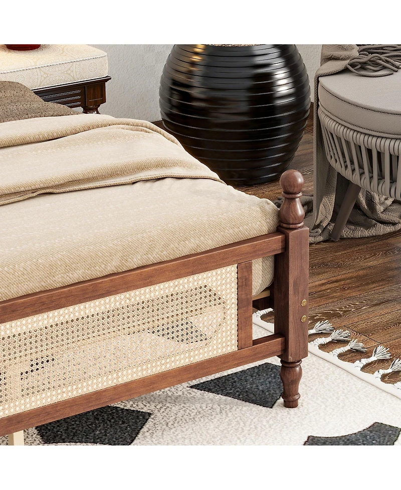 Sailvan Pine wooden Bed with Rattan Headboard and Footboard, Central Enhanced Platform
