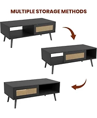 homfan Living Room Table Sets of 2, Includes 47" Rattan Tv Stand Storage Cabinet and Coffee Table with Storage Shelf