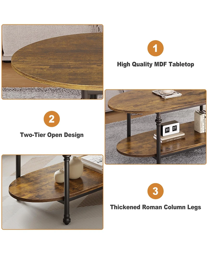 homfan Modern 2-Tier Oval Coffee Table - Fluted Faux Marble Top, Drawer Storage, Metal Frame - Stylish Living Room Center Table for Small Spaces