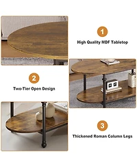 homfan Modern 2-Tier Oval Coffee Table - Fluted Faux Marble Top, Drawer Storage, Metal Frame - Stylish Living Room Center Table for Small Spaces