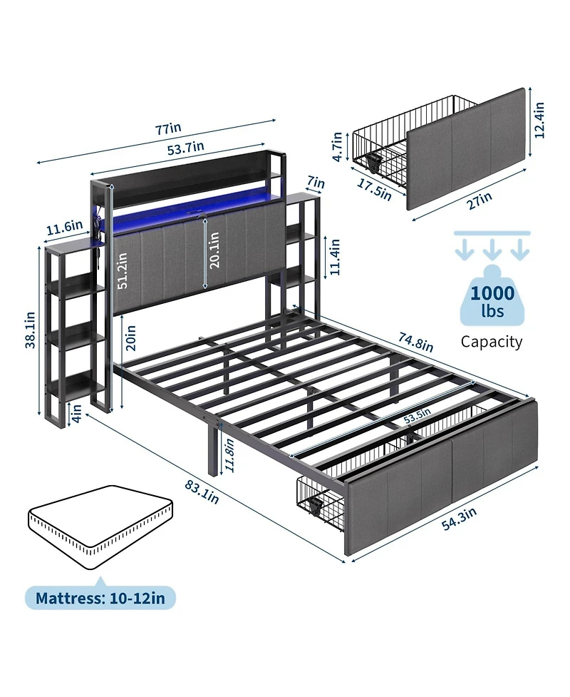 homfan Full Upholstered Bed Frame with Hidden Headboard Storage Cabinet, Top Shelf, Led Lights, Charging Station, Pull Out Footboard Storage