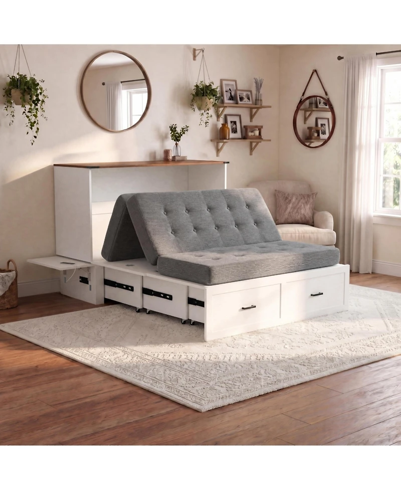 homfan Murphy Chest Bed with Drawer and Charging Station, Farmhouse Space Saving Hidden Folding Bed, Storage Cabinet Bed for Bedroom Office