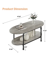 homfan Industrial Oval Coffee Table, 2-Tier Storage Design, Durable Engineered Wood Metal Frame Retro Living Room Furniture