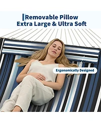 GarveeLife Double Outdoor Hammock Quilted Hammock with Spreader Bar and Removable Pillow Adjustable Steel Frame Cotton Rope and Polyester Pad
