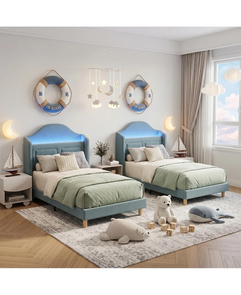 homfan Upholstered Twin Kids Bed with Soft Padded Headboard Led Night Light, Storage, Sturdy Iron and Plywood Frame, Easy Assembly
