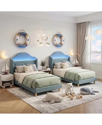 homfan Upholstered Twin Kids Bed with Soft Padded Headboard Led Night Light, Storage, Sturdy Iron and Plywood Frame, Easy Assembly