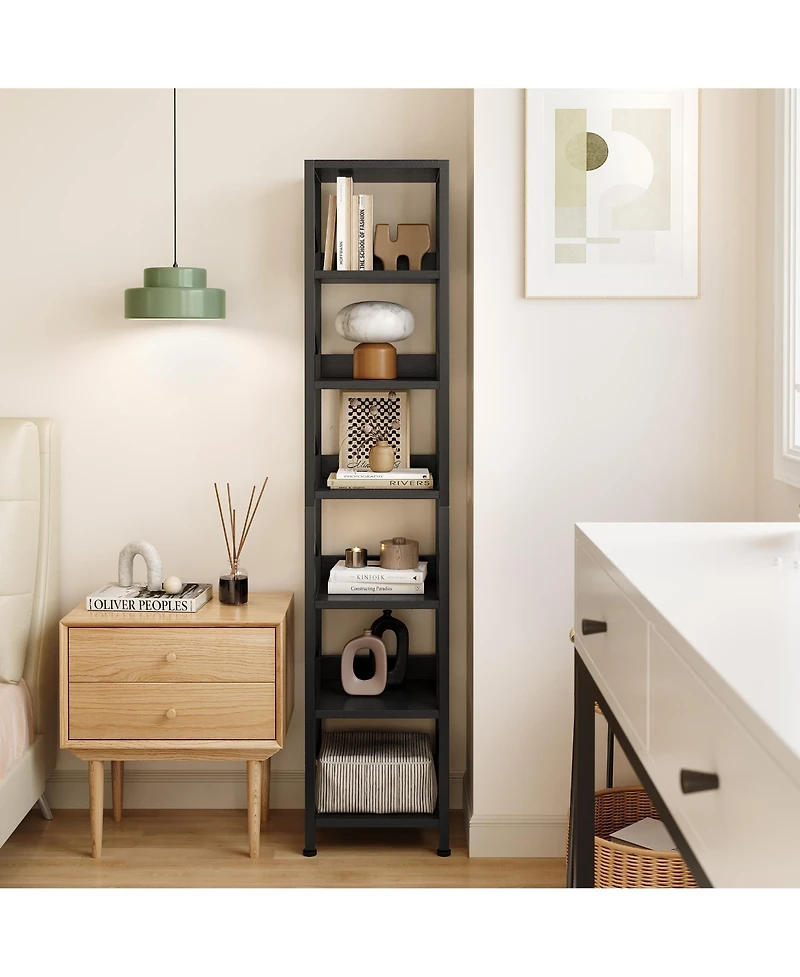 homfan 6 Tier Narrow Bookshelf Tall Skinny Bookcase with Metal Frame, Rustic Industrial Display Rack for Bedroom Living Room Home Office