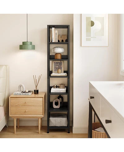 homfan 6 Tier Narrow Bookshelf Tall Skinny Bookcase with Metal Frame, Rustic Industrial Display Rack for Bedroom Living Room Home Office