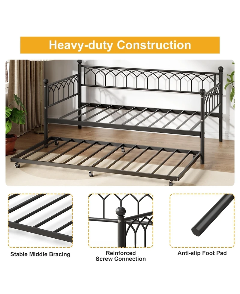 homfan Twin Size Daybed with Trundle, Black Metal Sofa Bed Frame with Steel Slat Support and 350 Lb Capacity for Living Room or Bedroom