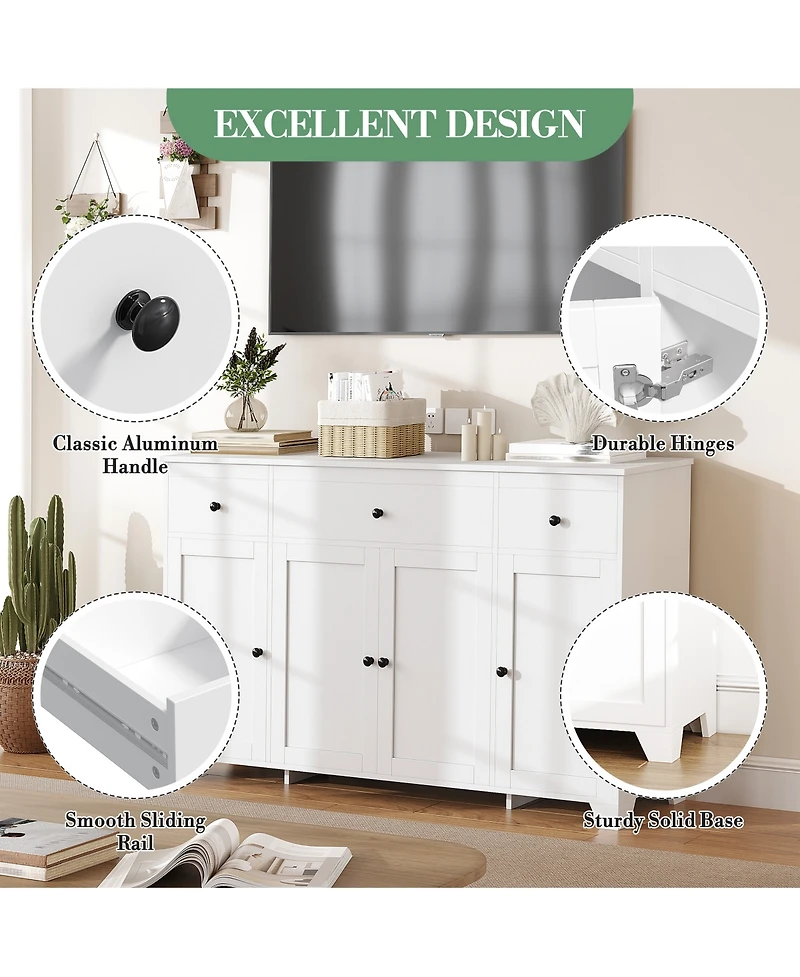 homfan 55" Buffet Cabinet Farmhouse Sideboard with 3 Drawers and 4 Doors, Coffee Bar Storage with Adjustable Shelf