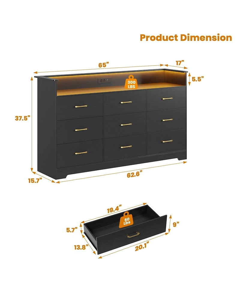 homfan 9 Drawer Dresser for Bedroom, 65" Wide Chest with Led Light and Charging Station, Modern Large Tv Organizer Open Shelf Living Room