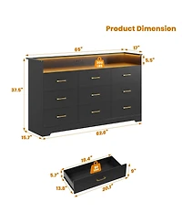 homfan 9 Drawer Dresser for Bedroom, 65" Wide Chest with Led Light and Charging Station, Modern Large Tv Organizer Open Shelf Living Room