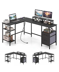 Slickblue Corner Computer Desk with Power Outlet and Storage Space