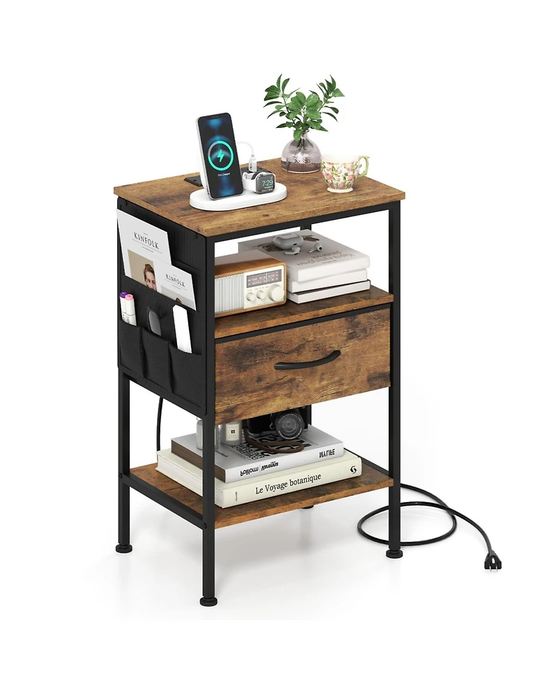 Slickblue 24.5" Bedside Nightstand with Charging Ports and Fabric Drawer