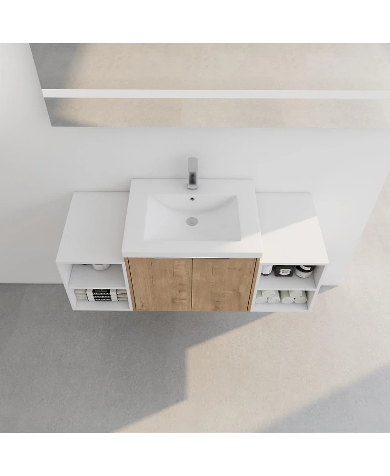 Sillysis 47.6 Inch Wall Mounted Bathroom Vanity with Resin Sink, Plywood Cabinet, Open Storage Shelves for Modern Bathrooms