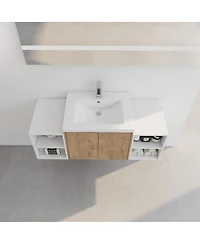 Sillysis 47.6 Inch Wall Mounted Bathroom Vanity with Resin Sink, Plywood Cabinet, Open Storage Shelves for Modern Bathrooms