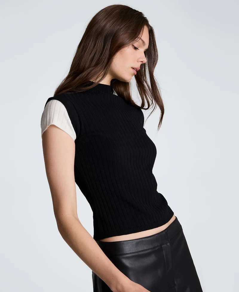 Kenneth Cole Women's Two-Tone Layered Ribbed Mock-Neck Sweater