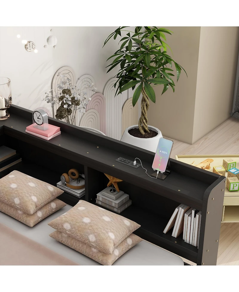 Sailvan L-shaped Bookcases Bed with Power Outlets, Usb Charging Ports,Two Drawers