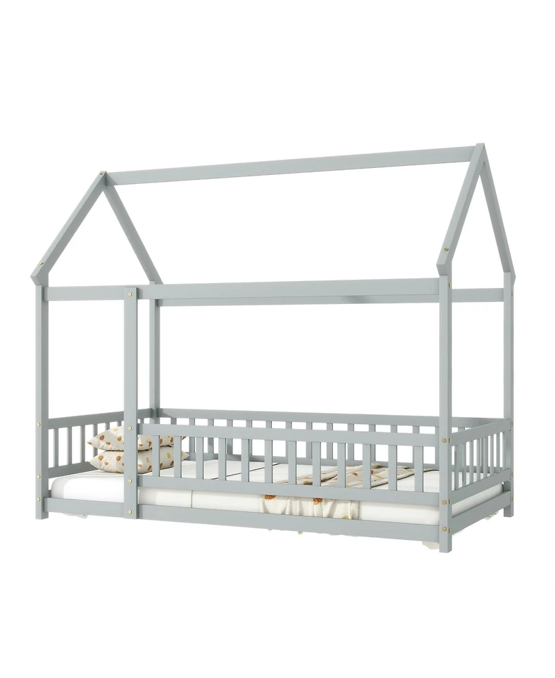 Sailvan House Floor Wooden Bed with Roof Frame,Safety Guardrails