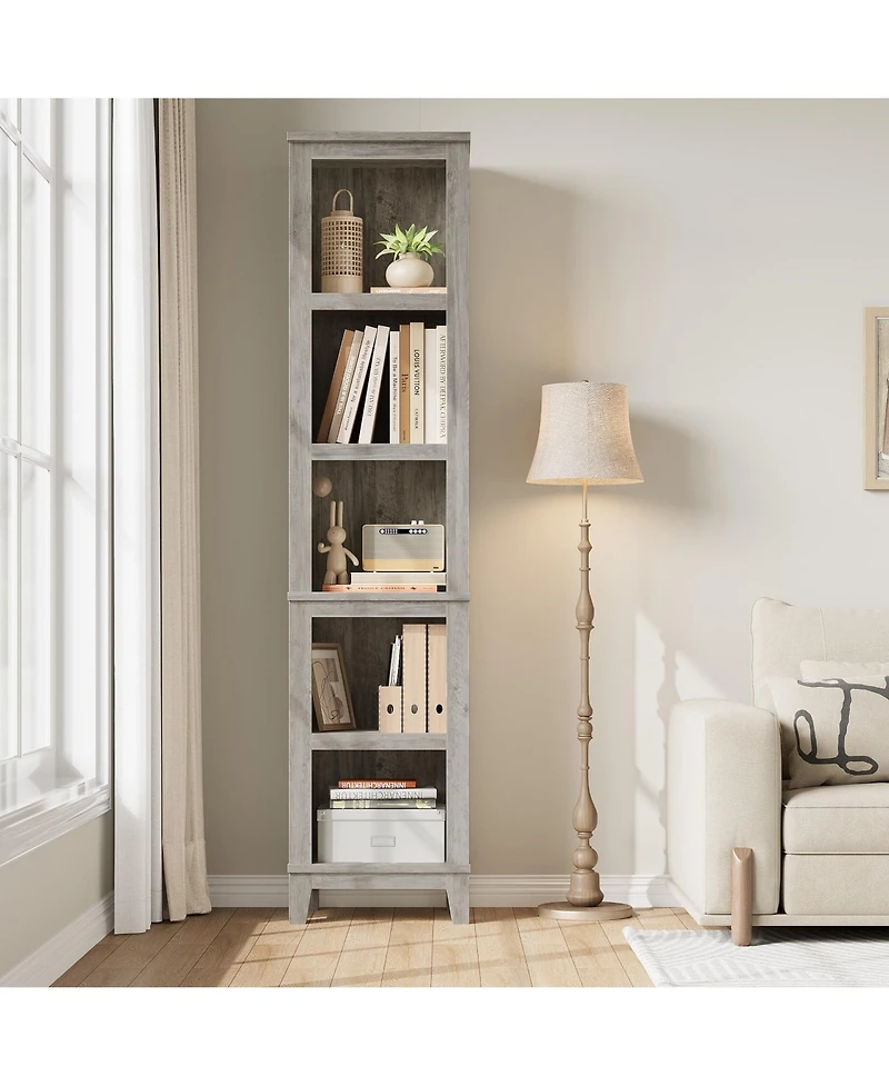 homfan 71" Farmhouse Bookshelf 5-Tier Tall Bookcase with Adjustable Shelves and Wooden Legs for Living Room