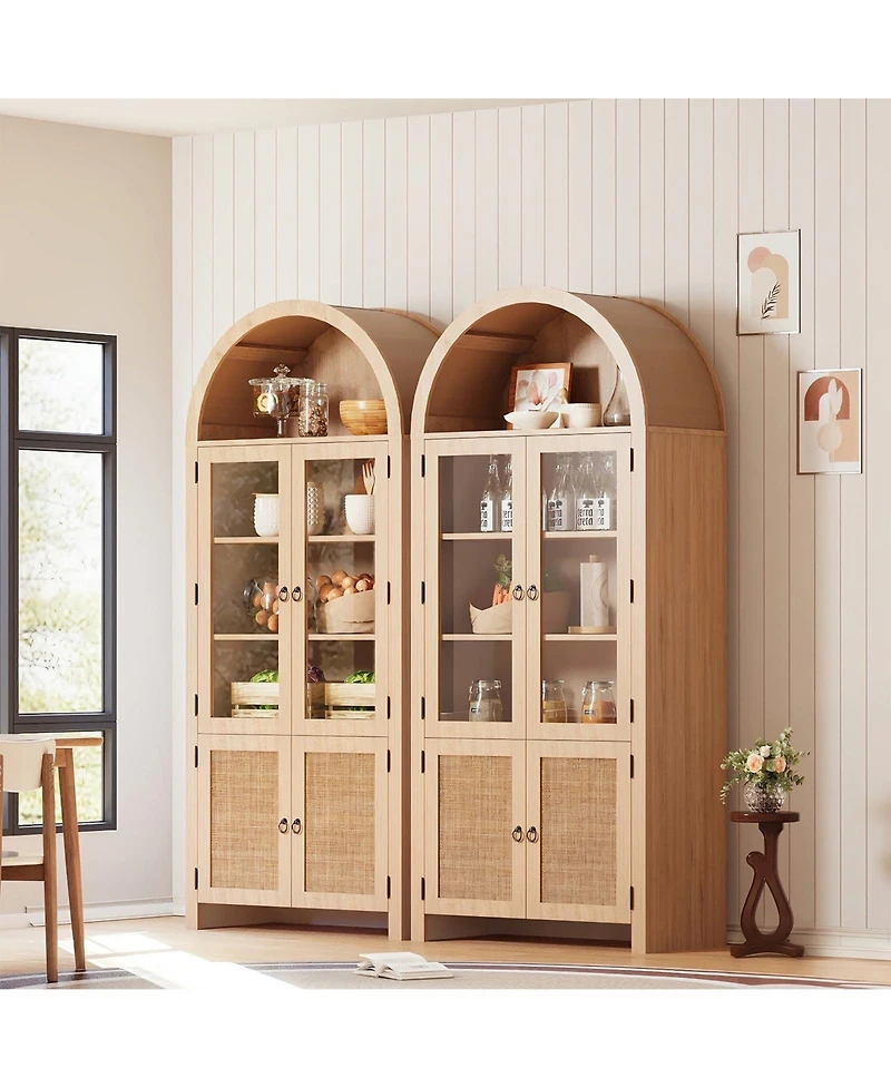 homfan 71-Inch Arched Bookcase with Glass Doors and Rattan Accent, 6-Tier Display Cabinet, Adjustable Shelves