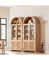 homfan 71-Inch Arched Bookcase with Glass Doors and Rattan Accent, 6-Tier Display Cabinet, Adjustable Shelves