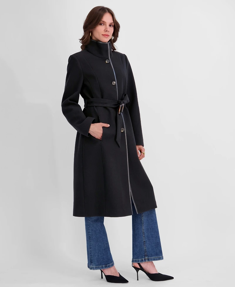 Tahari Women's Belted Faux-Leather Trimmed Funnel Neck Coat