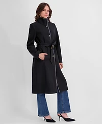 Tahari Women's Belted Faux-Leather Trimmed Funnel Neck Coat