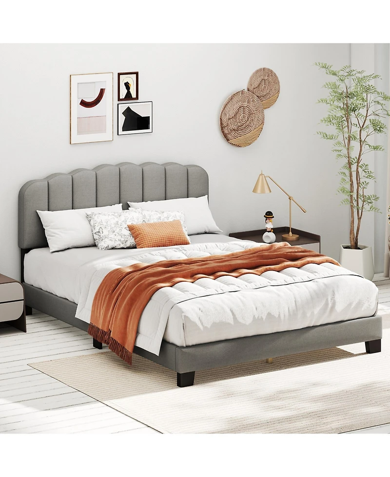 Slickblue Upholstered Queen Bed Frame with Scalloped Tufted Headboard for Bedroom