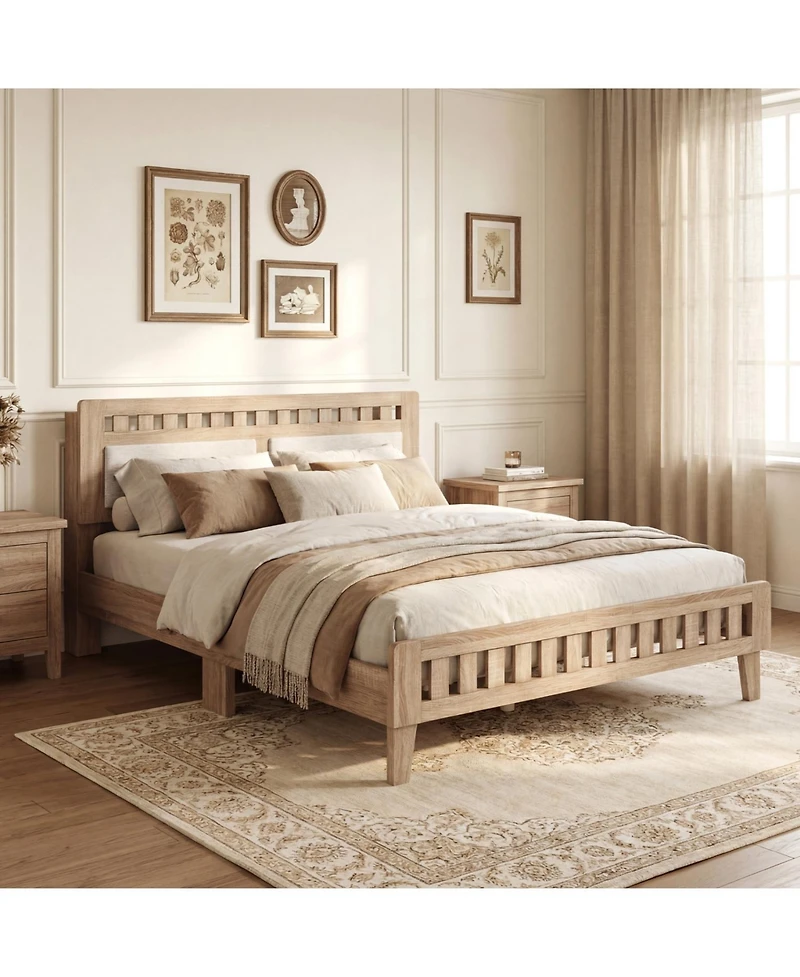 Slickblue Wood Queen Bed Frame with Padded Upholstered Headboard for Bedroom