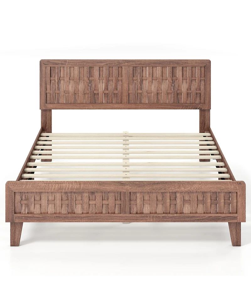 Slickblue Queen Size Bed Frame with Woven Headboard, Mid-Century Style Furniture