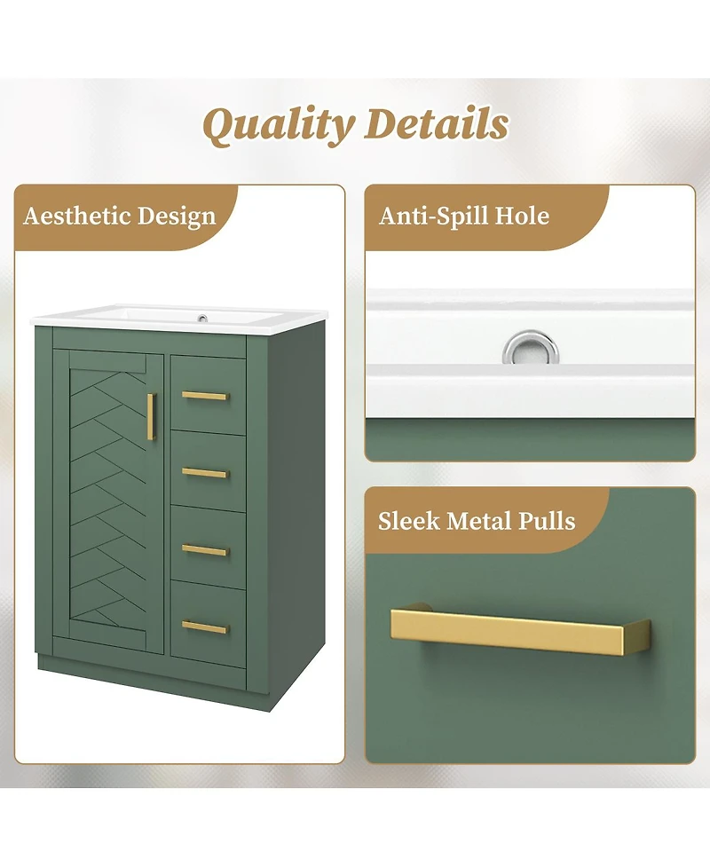 Sillysis 24 Inch Modern Bathroom Vanity with Sink, Solid Wood Mdf Cabinet with 3 Soft Close Drawers, Space-Saving Storage
