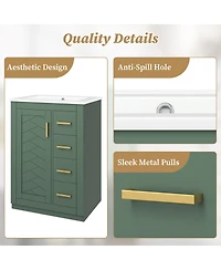 Sillysis 24 Inch Modern Bathroom Vanity with Sink, Solid Wood Mdf Cabinet with 3 Soft Close Drawers, Space-Saving Storage