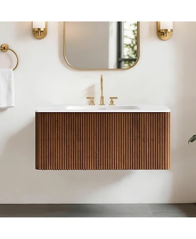 Sillysis 30" Modern Wall Mounted Bathroom Vanity with Carrara Integrated Ceramic Sink, Push-Open Walnut Striped Storage Drawer