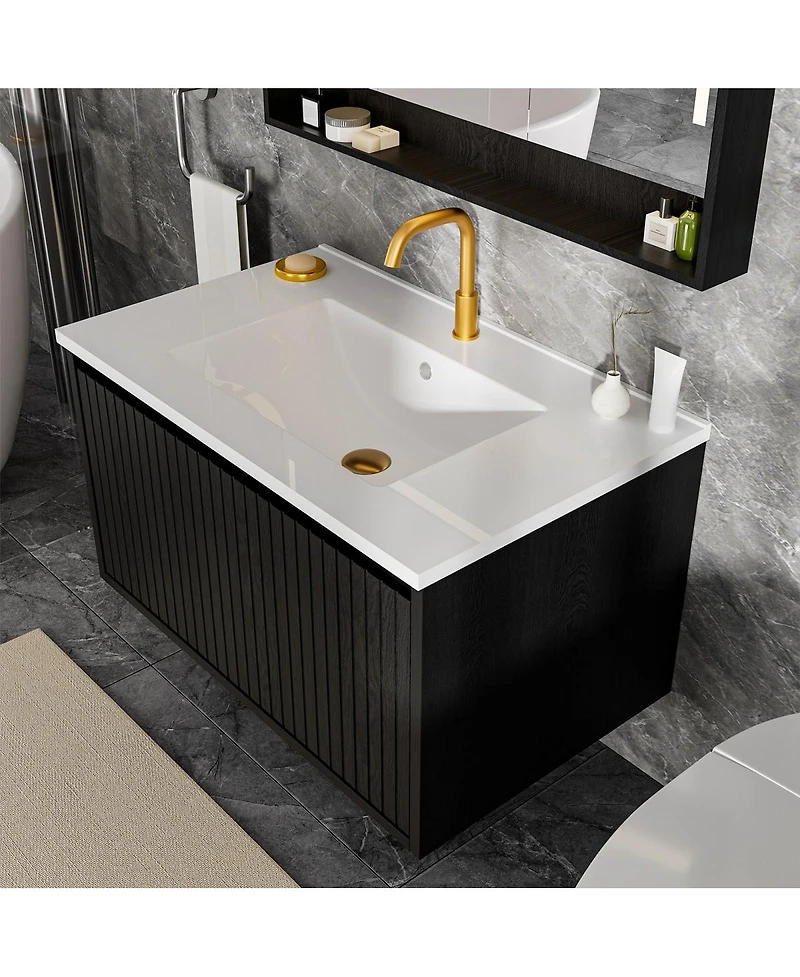Sillysis 30 Inch Wall Mounted Bathroom Vanity with Large Soft Close Drawer, Integrated Ceramic Sink, Modern Floating Cabinet