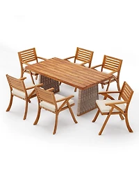 Asagikoiai 7-Piece Outdoor Patio Dining Set with 70" Acacia Wood Table and 6 Wicker Chairs
