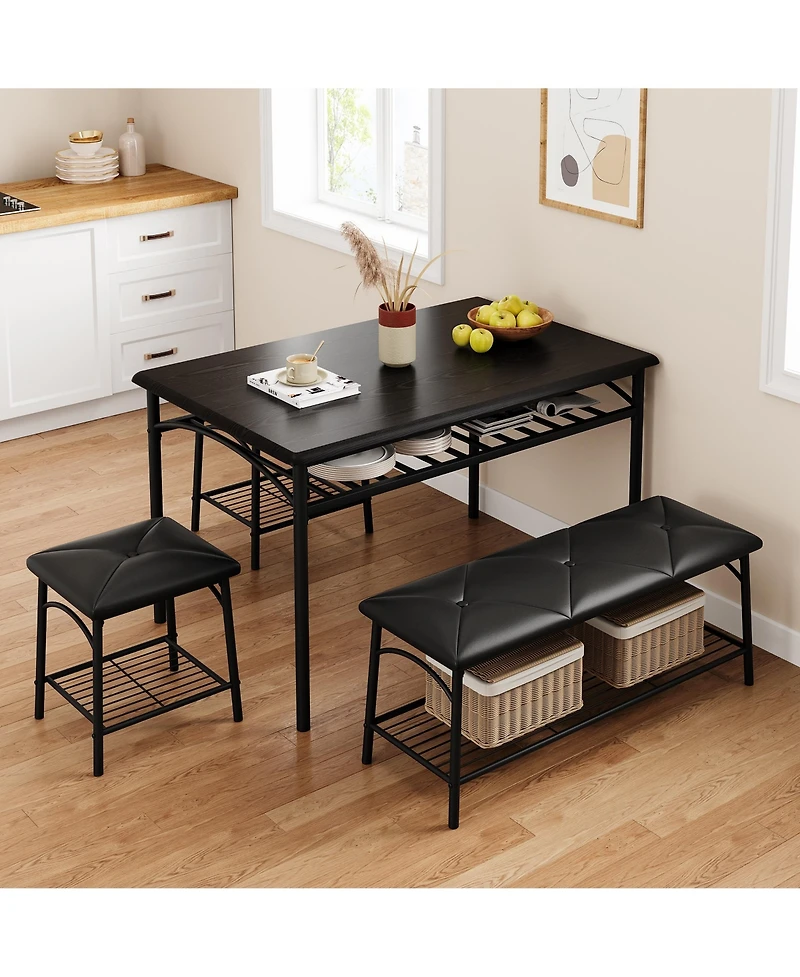 homfan 4-Piece Storage Dining Set, Pu Padded Bench and Stools, Space Saving Engineered Wood Kitchen Furniture