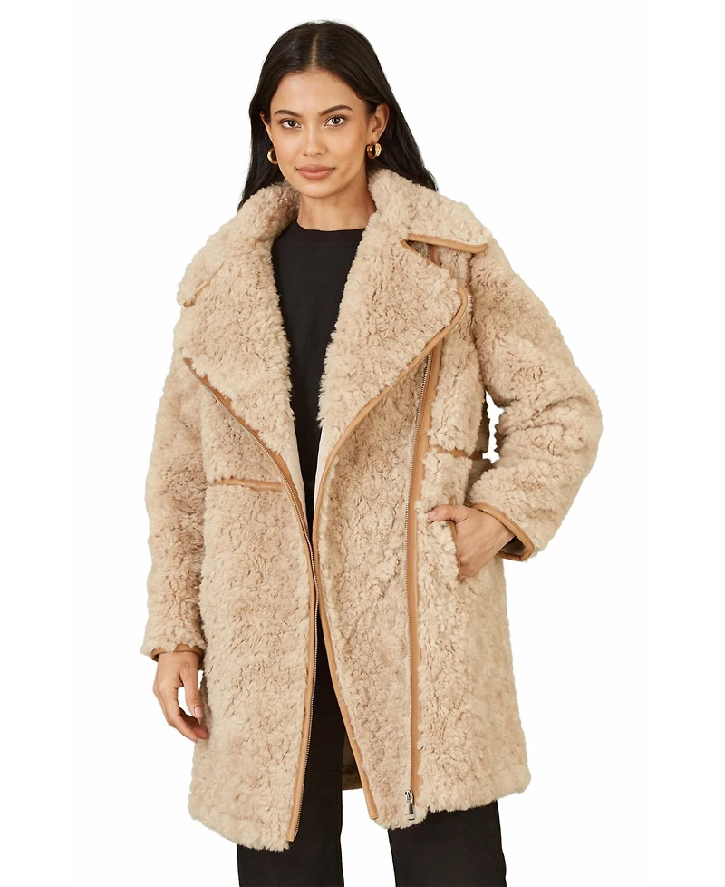 Yumi Women's Textured Borg Long Line Biker Coat