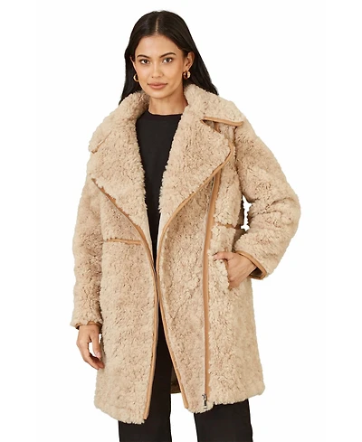 Yumi Women's Textured Borg Long Line Biker Coat