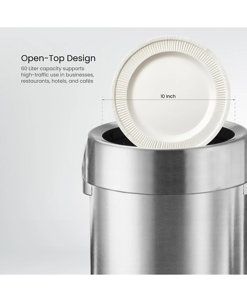 Home Zone Living 16 Gallon Stainless Steel Open Top Trash Can with Round Design